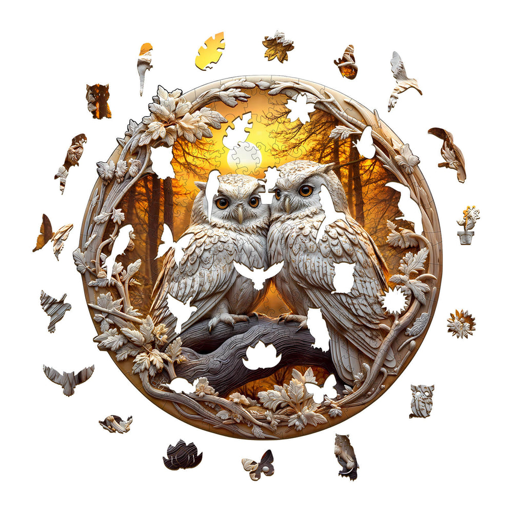 3D Owl-3 wooden jigsaw puzzle featuring two owls surrounded by pieces and a vibrant forest backdrop.