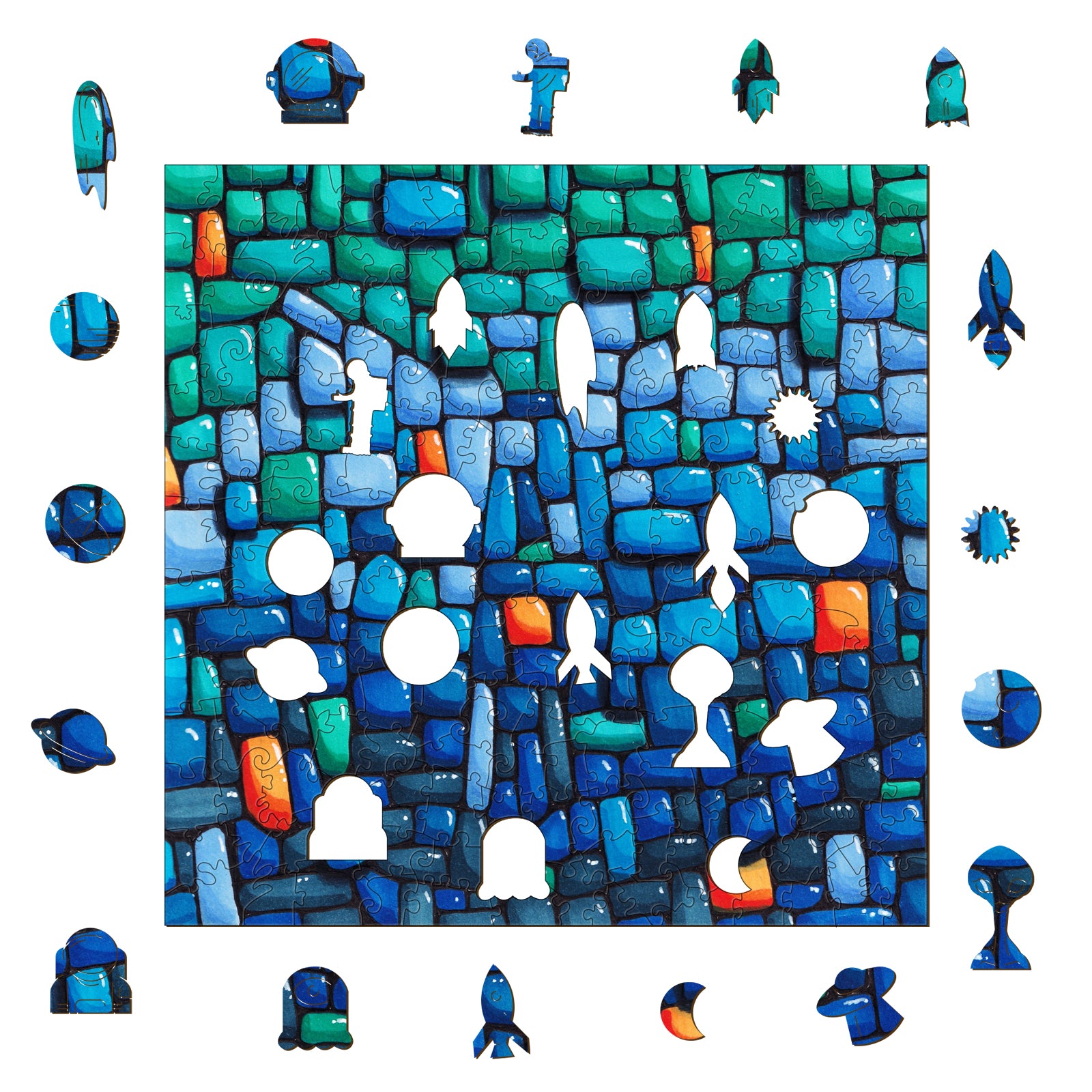 Colorful puzzle pieces in blue and green tones, featuring rocket and abstract shapes on a textured background.