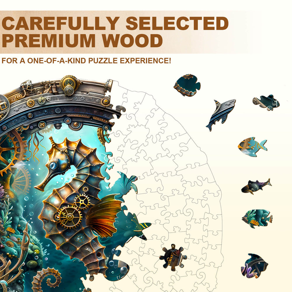 Abyssal seahorse wooden jigsaw puzzle showcasing premium craftsmanship and vibrant underwater scene.