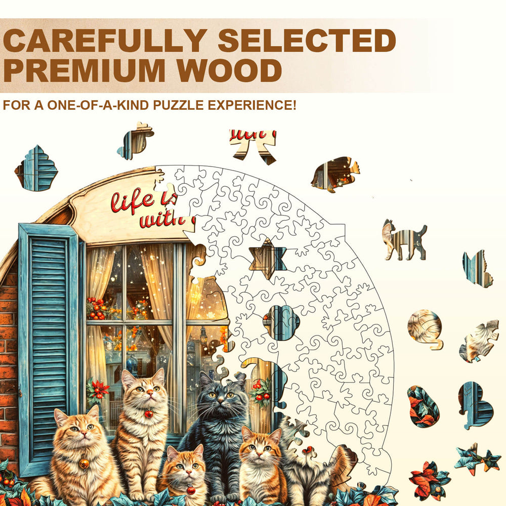 Serenade of Cats wooden jigsaw puzzle pieces being assembled, showcasing premium wood craftsmanship.
