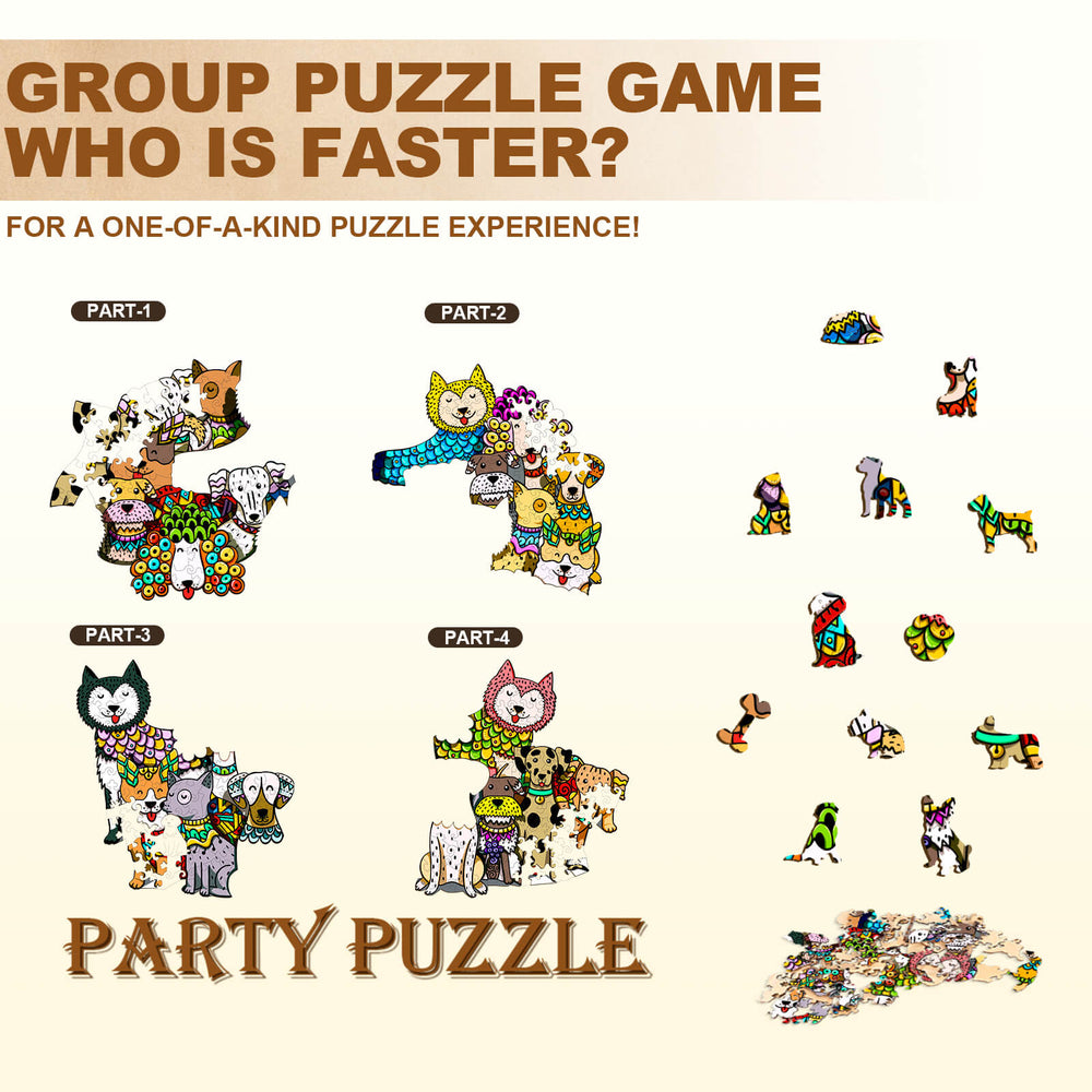 Group puzzle game featuring various animals and characters for a fun party experience.