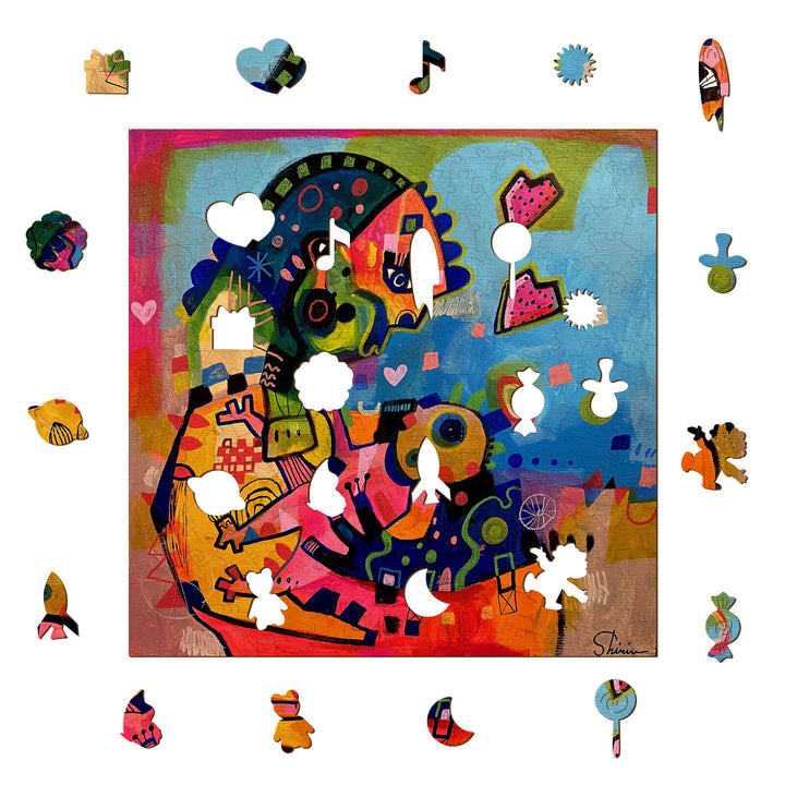 Colorful abstract art by Shirin Moarefi featuring a mother and son theme with playful shapes.
