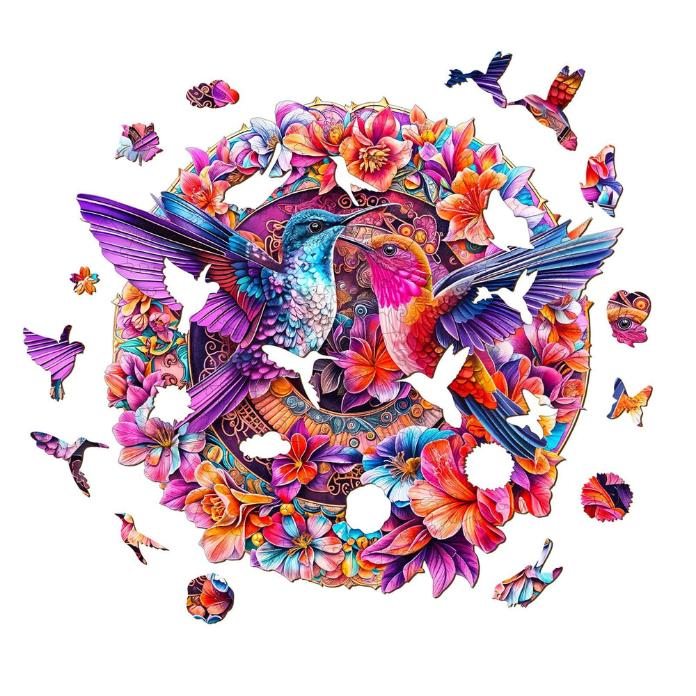 Colorful Flower Hummingbird Wooden Jigsaw Puzzle pieces showcasing vibrant flowers and flying hummingbirds.