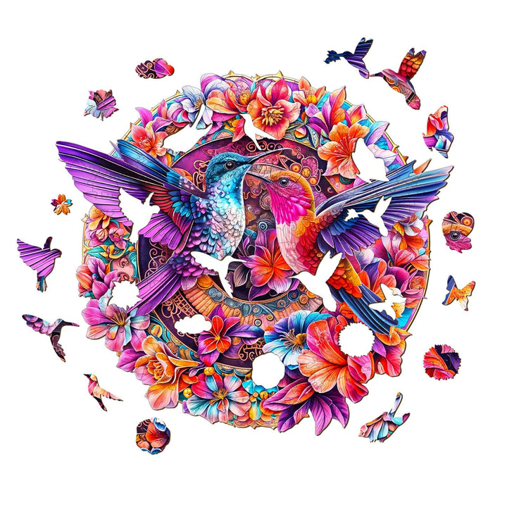 Colorful Flower Hummingbird Wooden Jigsaw Puzzle pieces showcasing vibrant flowers and flying hummingbirds.