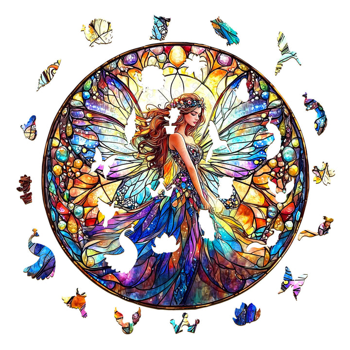 Stained Glass Fairy wooden jigsaw puzzle showcasing a beautiful fairy design with colorful pieces around it.