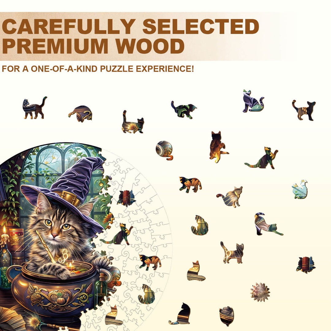 Magic Feline wooden jigsaw puzzle showcasing vibrant cat pieces and premium wood quality for a unique experience.