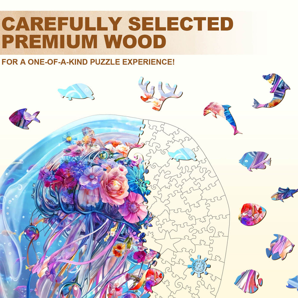 Flower Jellyfish wooden jigsaw puzzle pieces on a premium wood background for a unique puzzle solving experience.