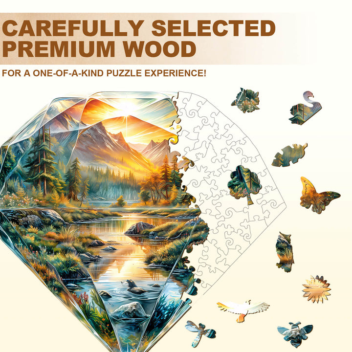 Diamond Landscape Wooden Jigsaw Puzzle featuring premium wood and vibrant nature scene, perfect for engaging mind games.
