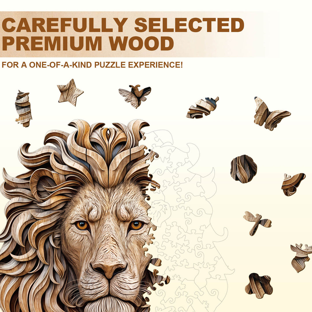 Puzzle en bois découpé représentant un lion sculpté
