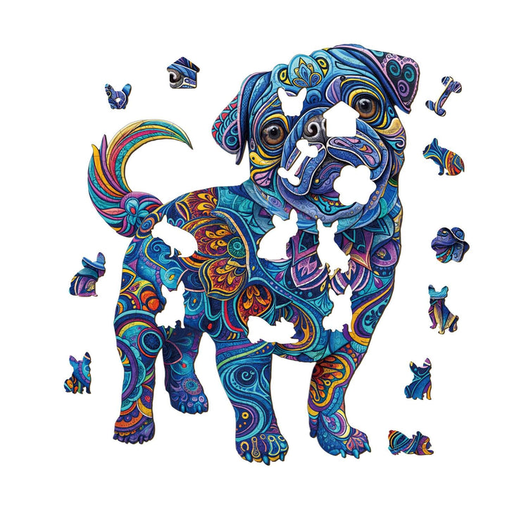 Vibrantly colored Cute Pug-2 wooden jigsaw puzzle pieces scattered around, enhancing focus and cognition through play.