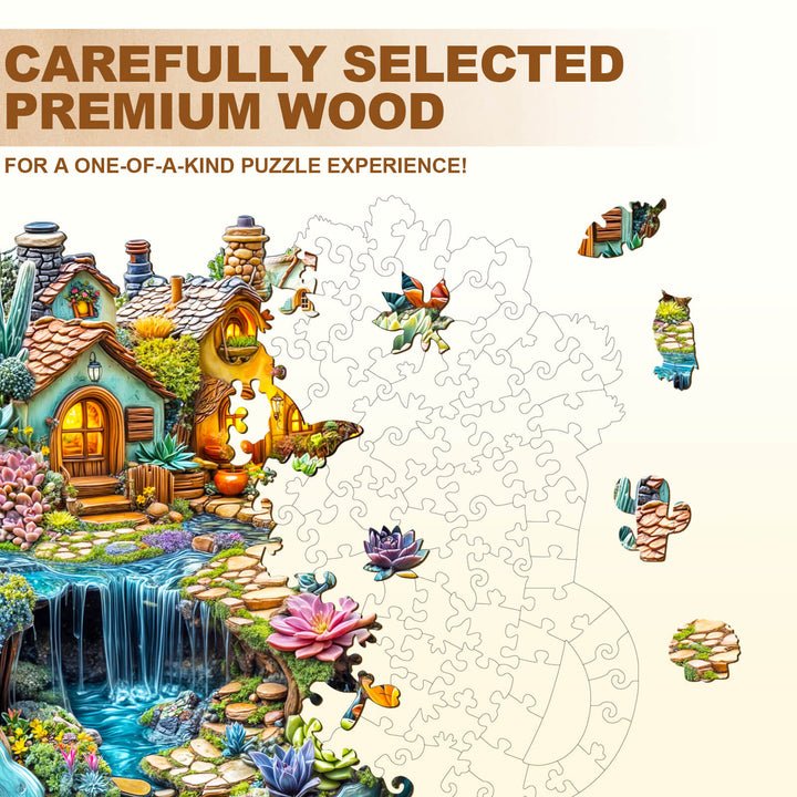 Colorful wooden jigsaw puzzle featuring a cozy cottage and succulent plants, showcasing premium wood quality.