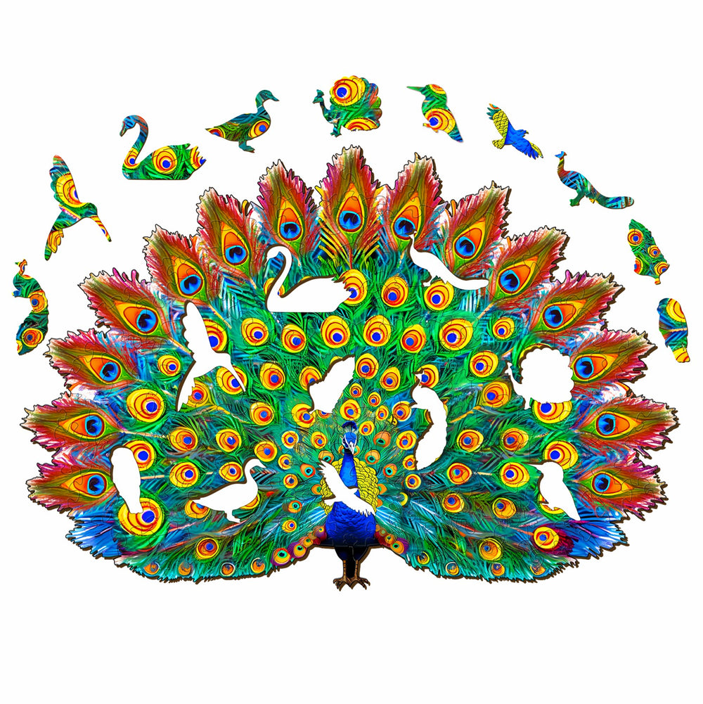 Beautiful peacock wooden jigsaw puzzle featuring vibrant colors and intricate bird designs.