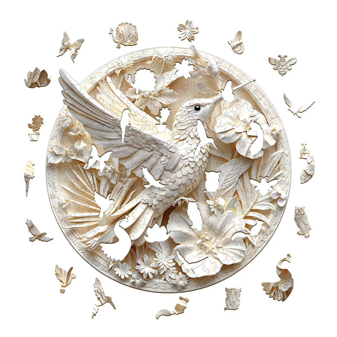 3D Paper Hummingbird-2 wooden jigsaw puzzle featuring intricate designs of birds and flowers, ideal for puzzle enthusiasts.