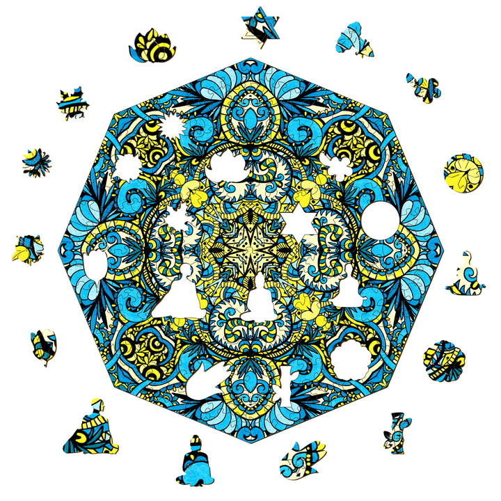 Doodle art 'Forget Me Not' by Lori Anne McKague, featuring intricate patterns in blue and yellow, perfect for art lovers.