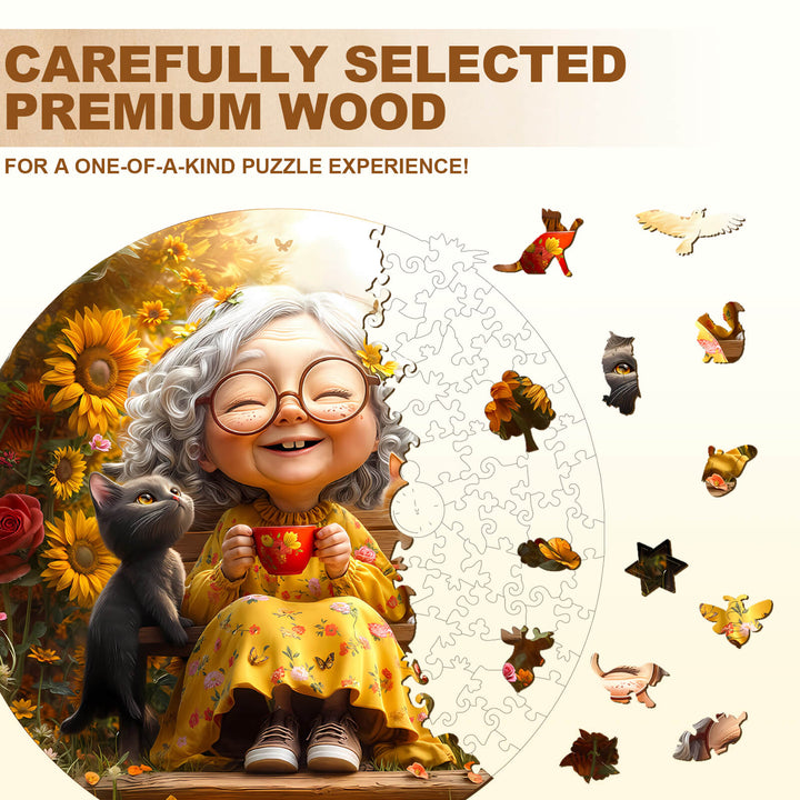Sunny afternoon wooden jigsaw puzzle featuring a joyful girl, cat, and vibrant flowers, made from premium wood.