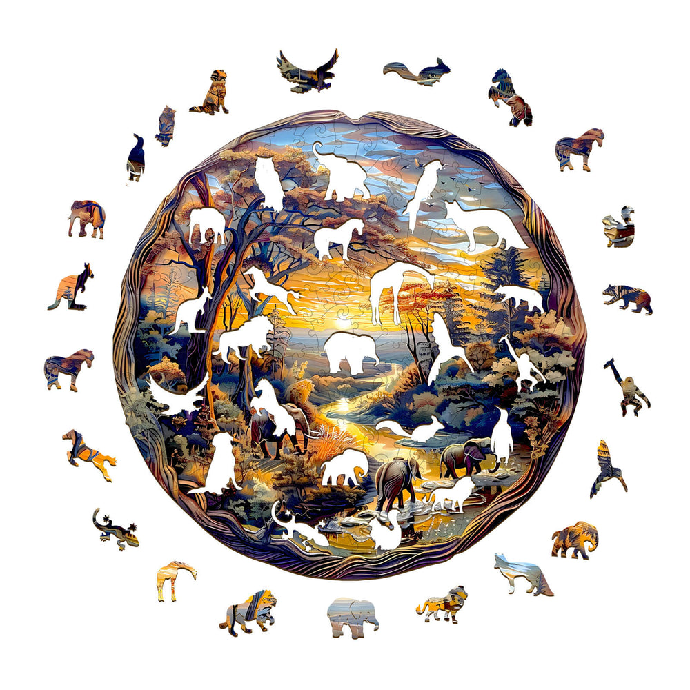 Wooden jigsaw puzzle of animals at sunset, featuring various wildlife silhouettes, designed for focus and brain training.