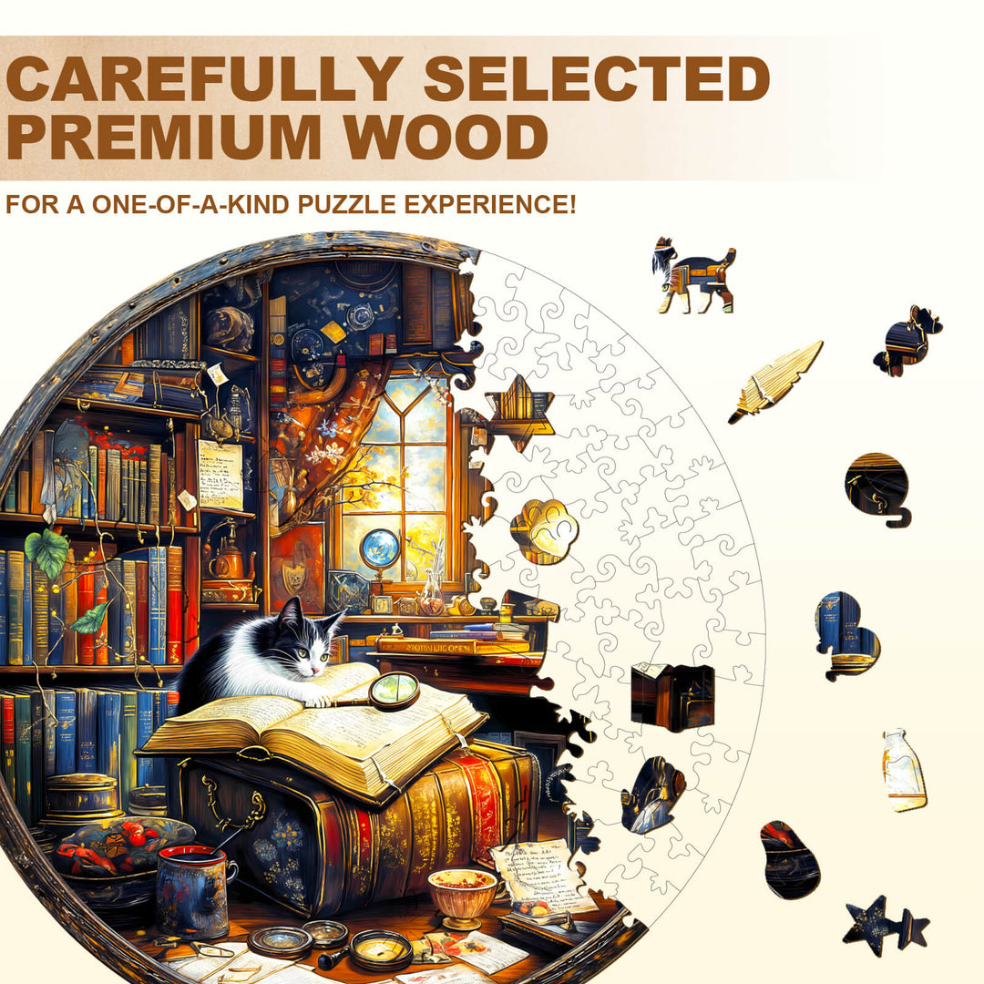 Premium wooden jigsaw puzzle featuring a cozy library scene with a cat and an open book.