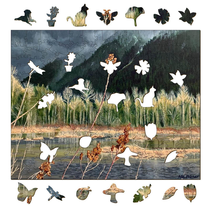 Distant Storm puzzle by artist Marianne K Palmer featuring artistic nature and whimsical cutout shapes.