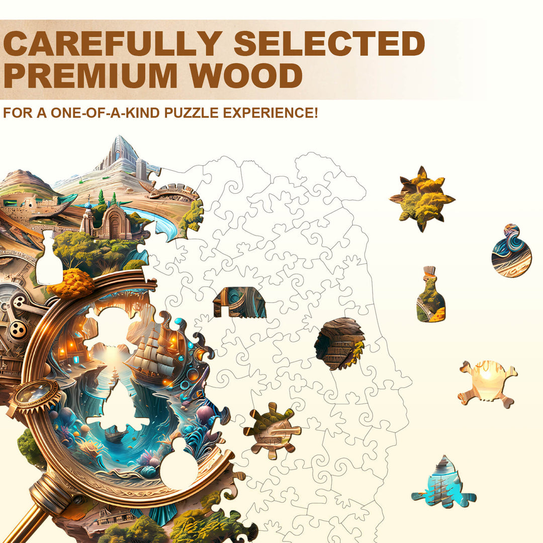 Explorer's World-1 wooden jigsaw puzzle showcasing premium wood for an immersive puzzle experience.