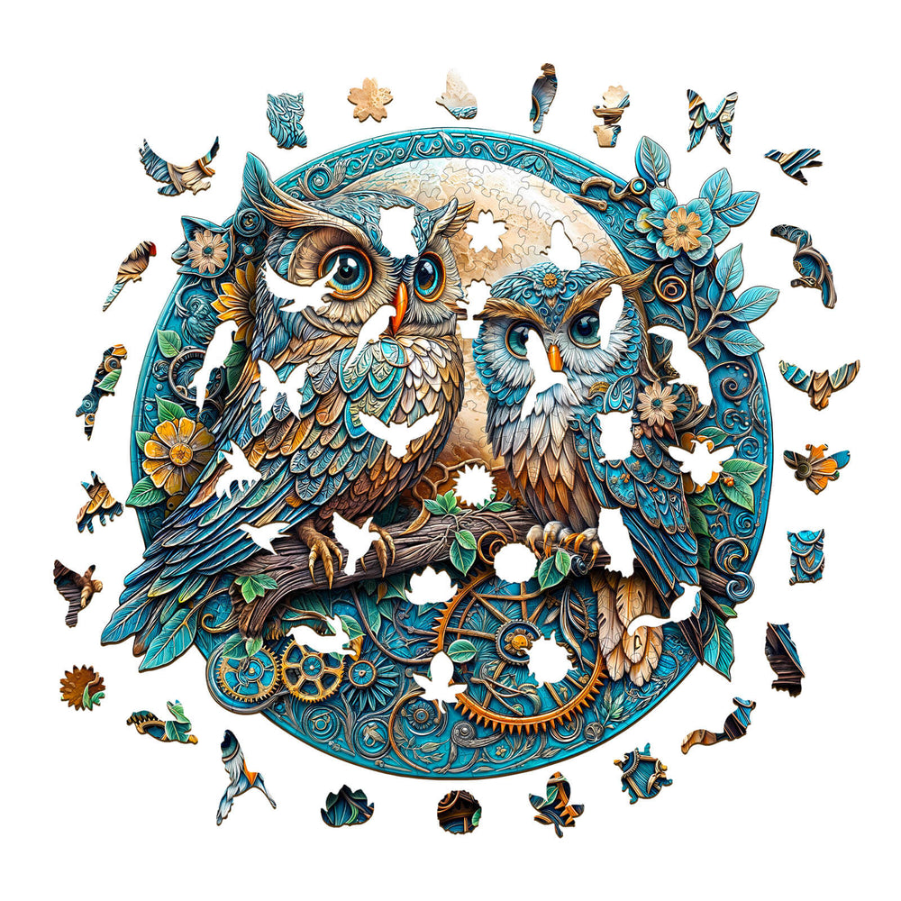 Colorful embossed owl wooden jigsaw puzzle pieces scattered, featuring intricate designs and showcasing wildlife art.