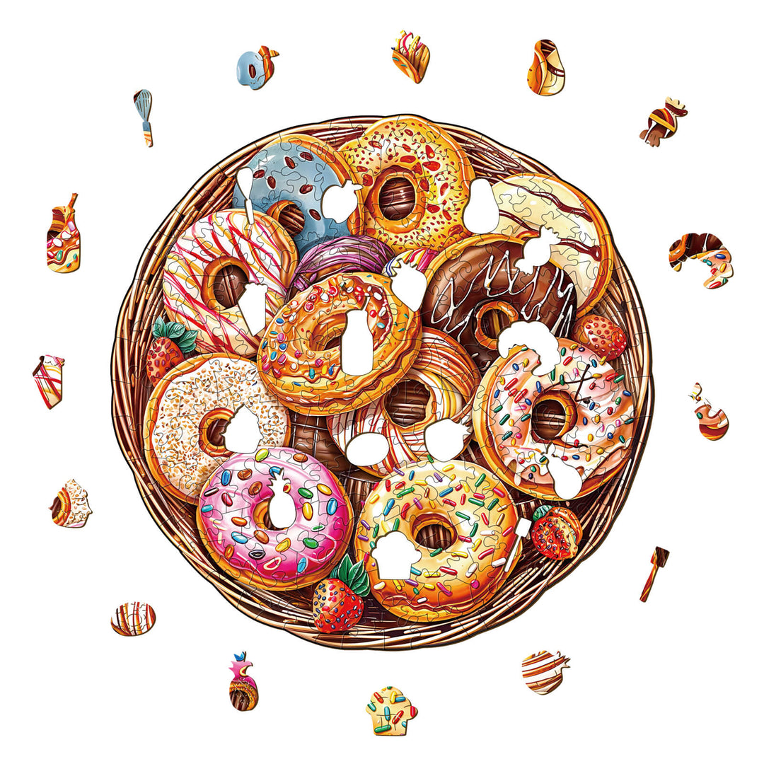 Colorful assortment of donuts in a wooden jigsaw puzzle, designed for mind games and enhancing focus.