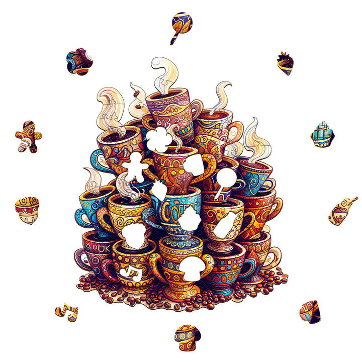 Colorful Coffee Dreams wooden jigsaw puzzle with intricately designed steaming mugs and missing pieces.