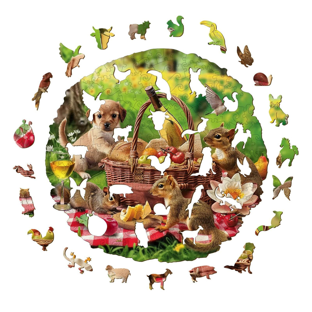 Colorful Animal Picnic Wooden Jigsaw Puzzle pieces featuring playful puppies and furry critters around a picnic basket.