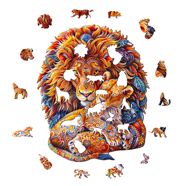 Colorful Fatherly Lion wooden jigsaw puzzle pieces showcasing a vibrant lion design for engaging mind games.