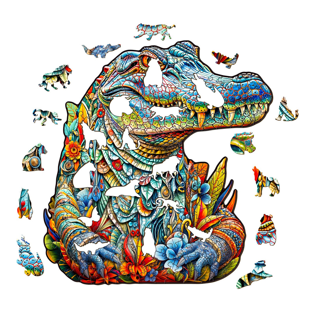 Colorful crocodile-shaped wooden jigsaw puzzle pieces scattered, promoting focus and cognitive development through play.