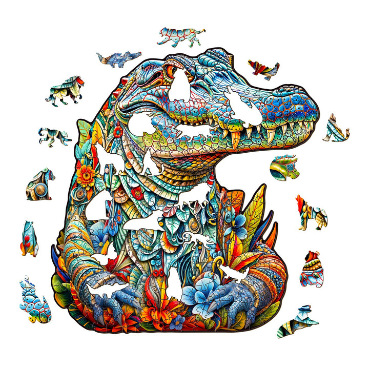 Colorful crocodile-shaped wooden jigsaw puzzle pieces scattered, promoting focus and cognitive development through play.