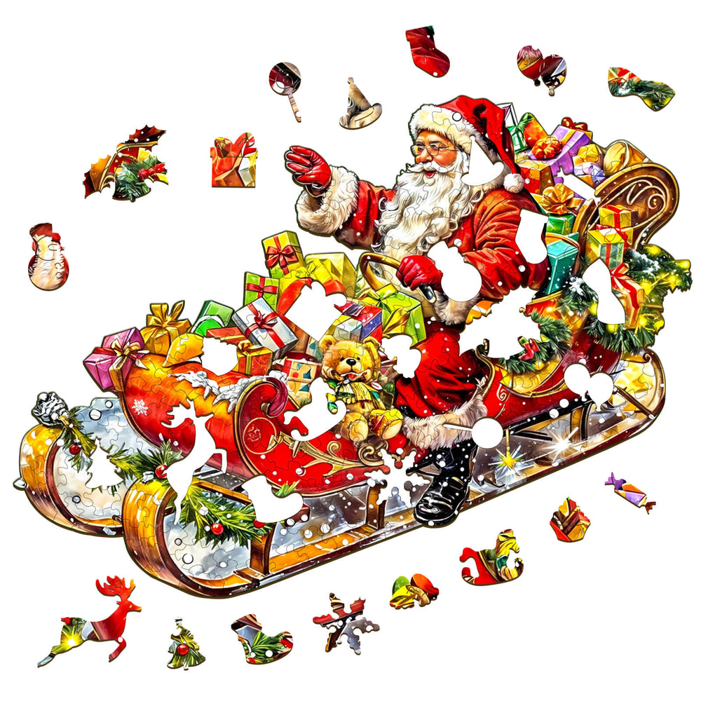 Santa Claus with gifts on a sleigh, wooden jigsaw puzzle pieces scattered, perfect for celebrating Christmas.