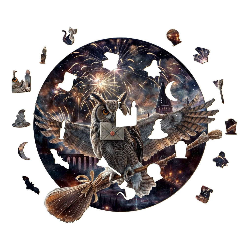 Magic Owl wooden jigsaw puzzle pieces with a starry night background and fireworks, promoting focus and cognitive skills.