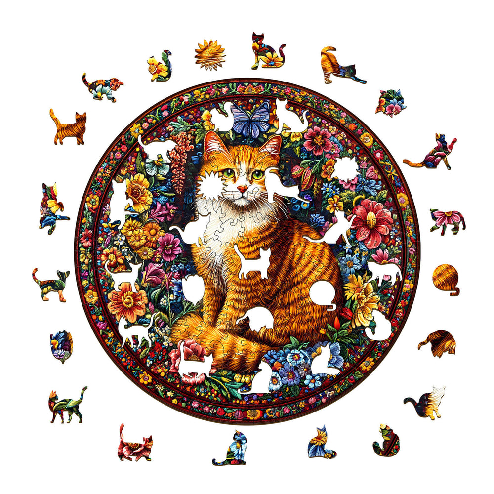 Floral Feline wooden jigsaw puzzle featuring a colorful cat surrounded by flowers and whimsical puzzle pieces.