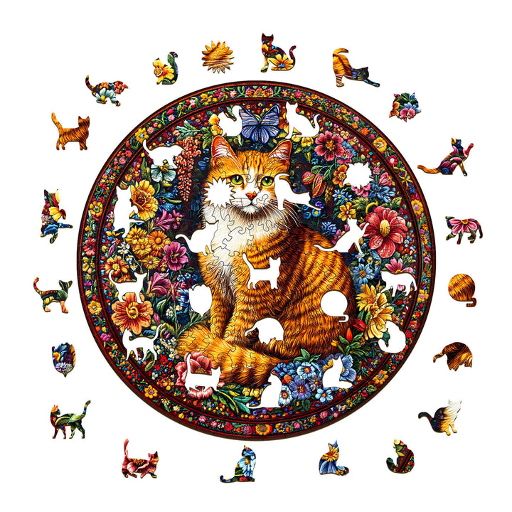 Floral Feline wooden jigsaw puzzle featuring a colorful cat surrounded by flowers and whimsical puzzle pieces.