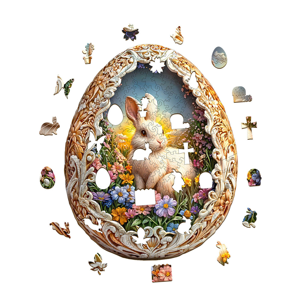 Wonderland Easter-5 wooden jigsaw puzzle featuring a bunny and colorful flowers, perfect for focused puzzle solving.