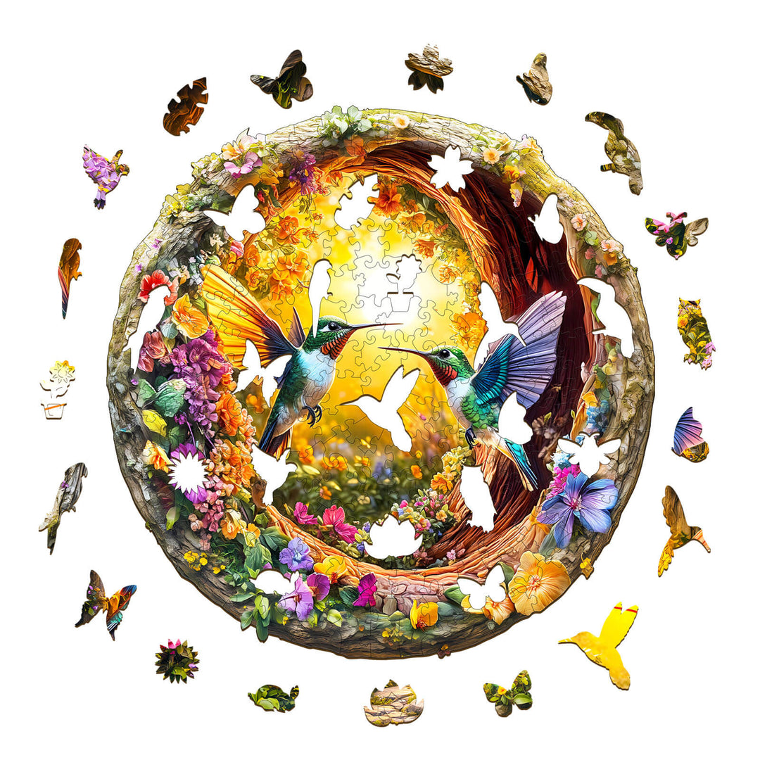 3D Hummingbird in Cave-2 wooden jigsaw puzzle with colorful hummingbirds and butterflies, designed for focused mind games.