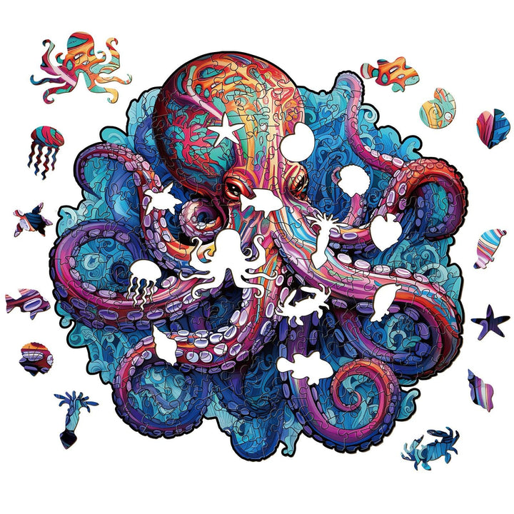 Colorful Deep Sea Giant Octopus wooden jigsaw puzzle with marine life pieces, perfect for family fun and ocean lovers.