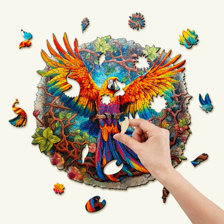 Curious Parrot Wooden Jigsaw Puzzle with colorful pieces, featuring a vibrant parrot design and intricate shapes.