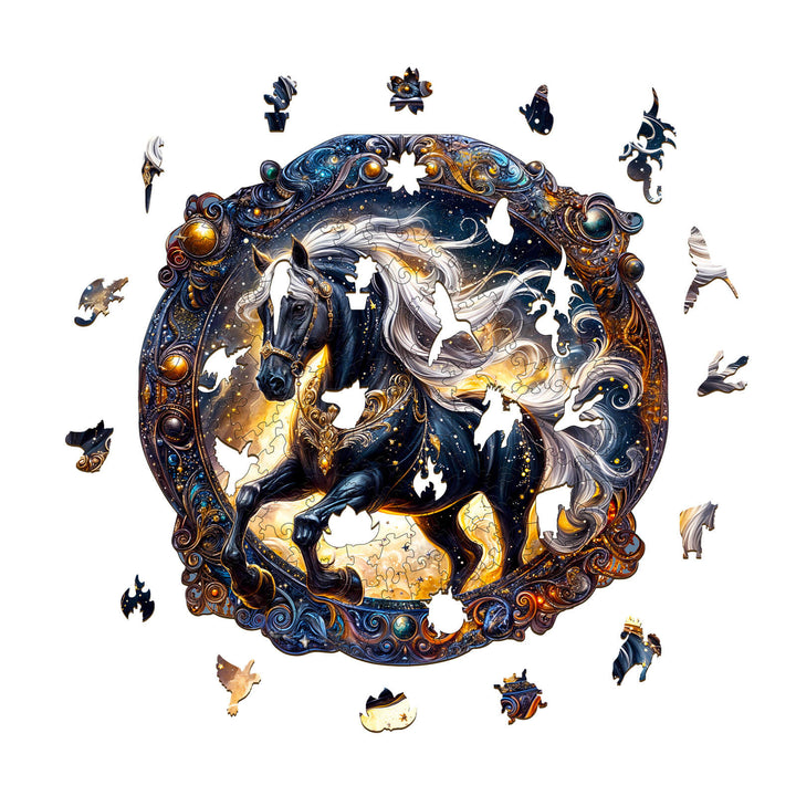 Elegant Horse Wooden Jigsaw Puzzle showcasing a majestic horse in an ornate frame surrounded by puzzle pieces.