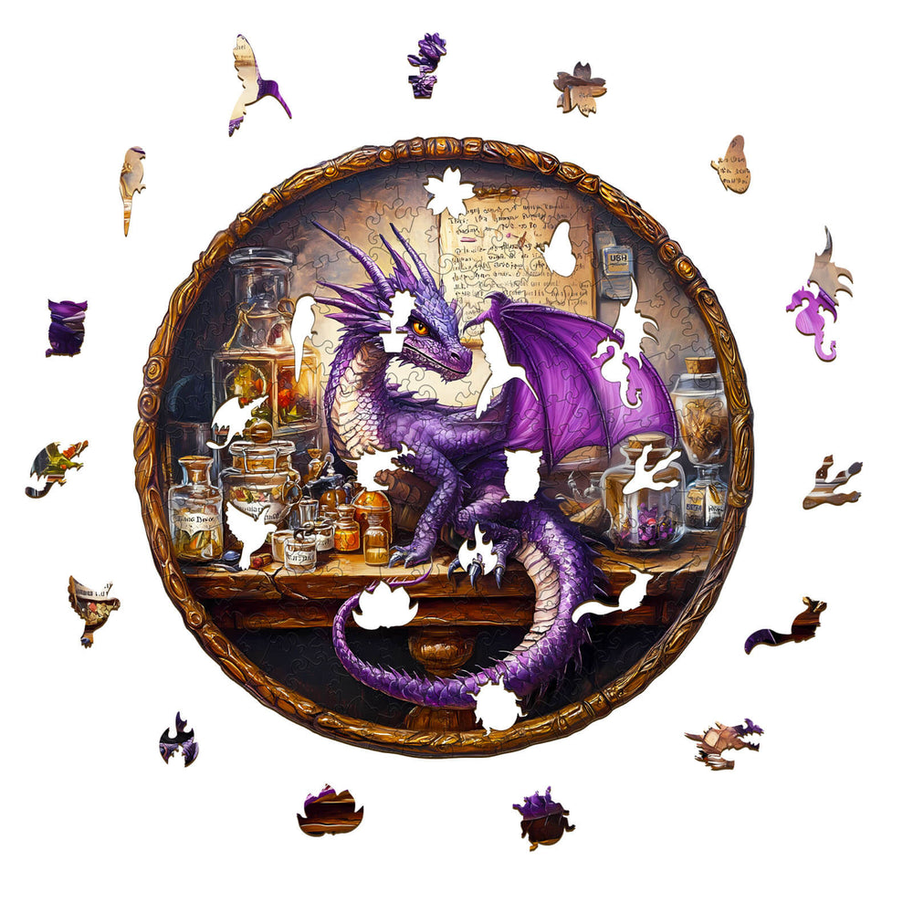 Purple dragon jigsaw puzzle featuring a majestic dragon among potion bottles and scrolls in vibrant colors.