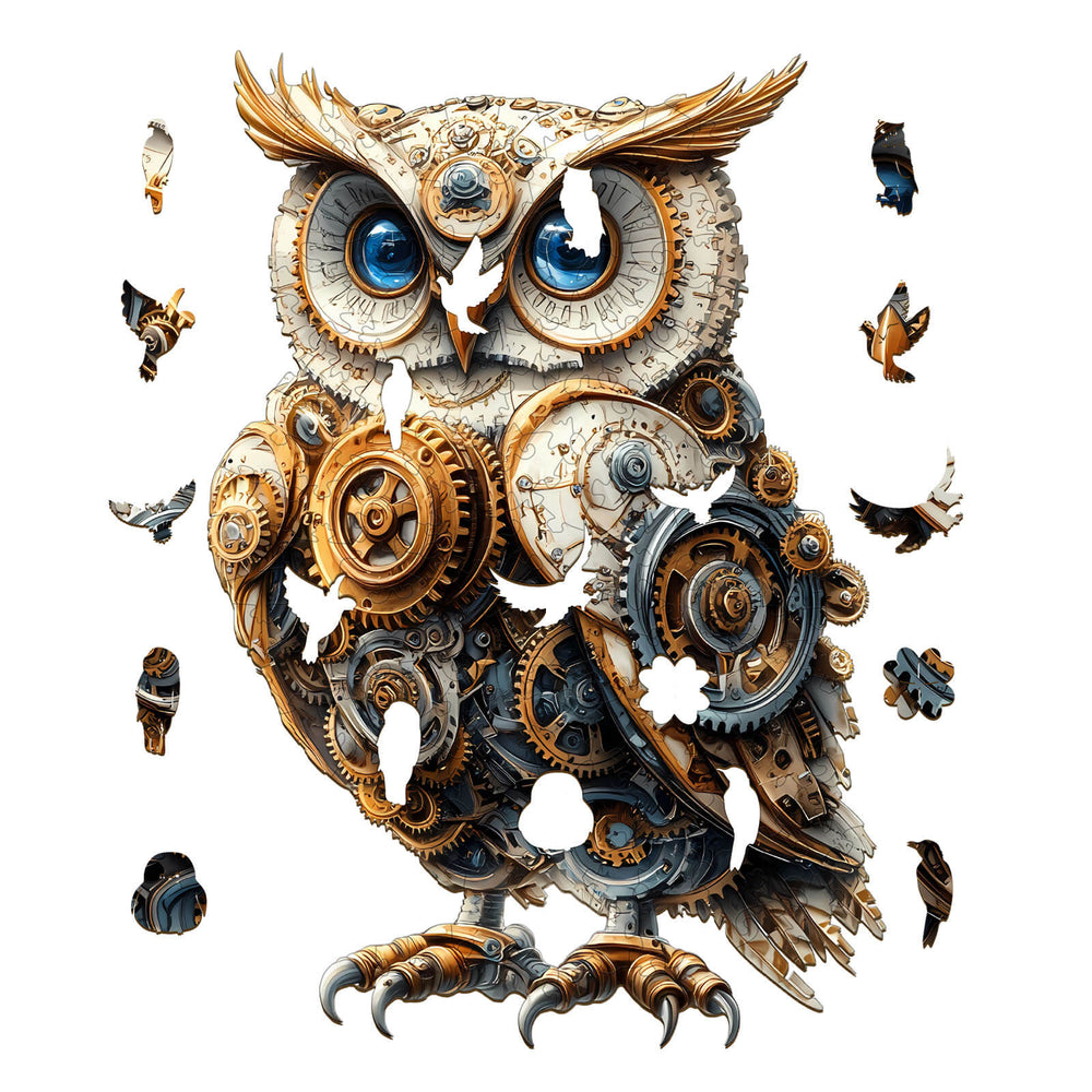Mechanical Owl wooden jigsaw puzzle featuring intricate gears and parts, promoting focus and brain training.