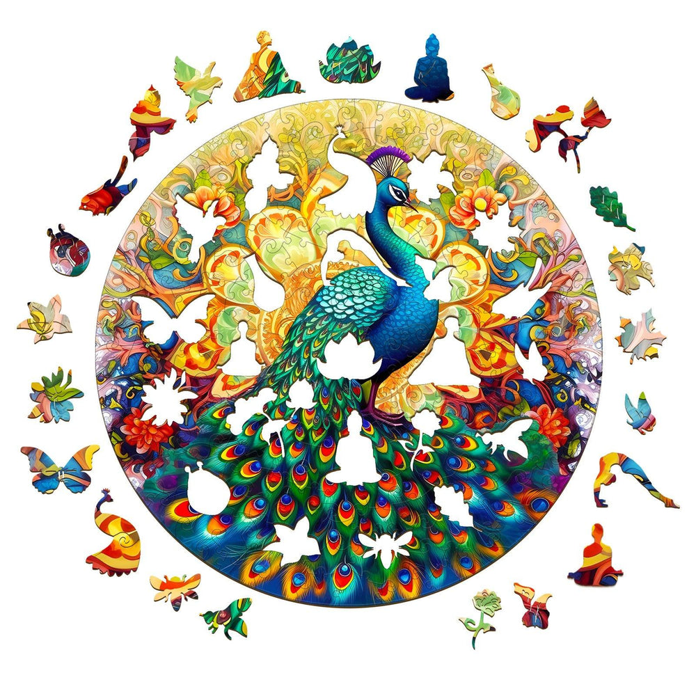 Mandala Peacock Wooden Jigsaw Puzzle featuring a vibrant peacock and intricate butterfly designs.