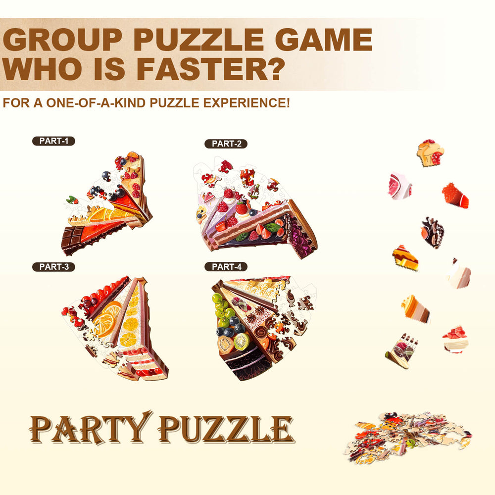 Group puzzle game featuring delicious cake pieces for a fun and engaging jigsaw experience with friends.
