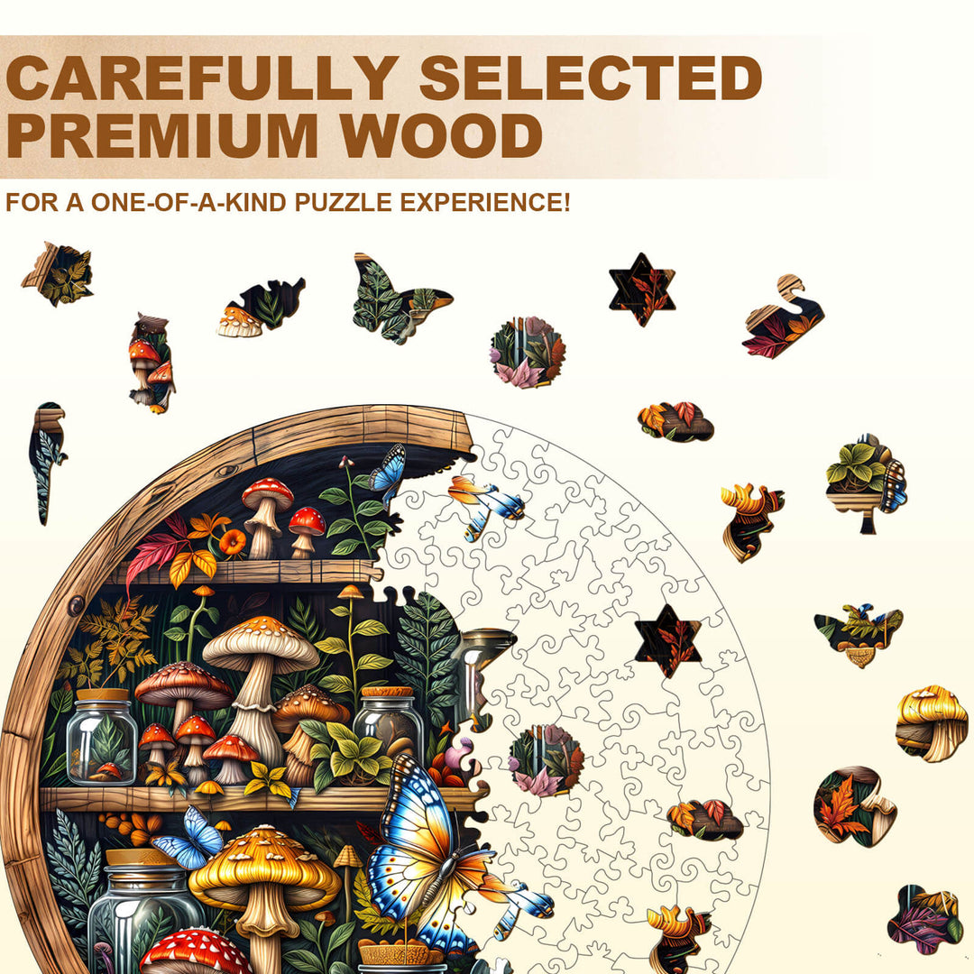 Close-up of Plant collection rack wooden jigsaw puzzle showcasing colorful pieces and premium wood craftsmanship.