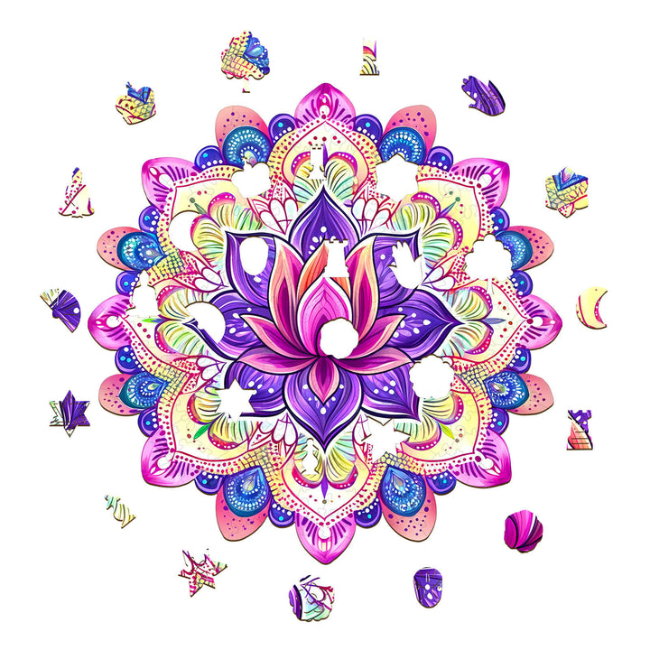 Colorful Mandala Lotus-2 wooden jigsaw puzzle pieces in vibrant design promoting focus and mental skills.
