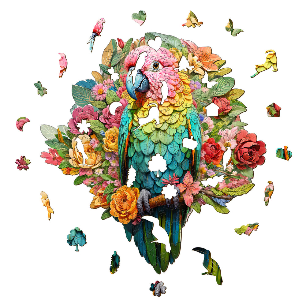 Colorful Parrot Wooden Jigsaw Puzzle pieces, featuring vivid flowers and greenery for mind-challenging fun.