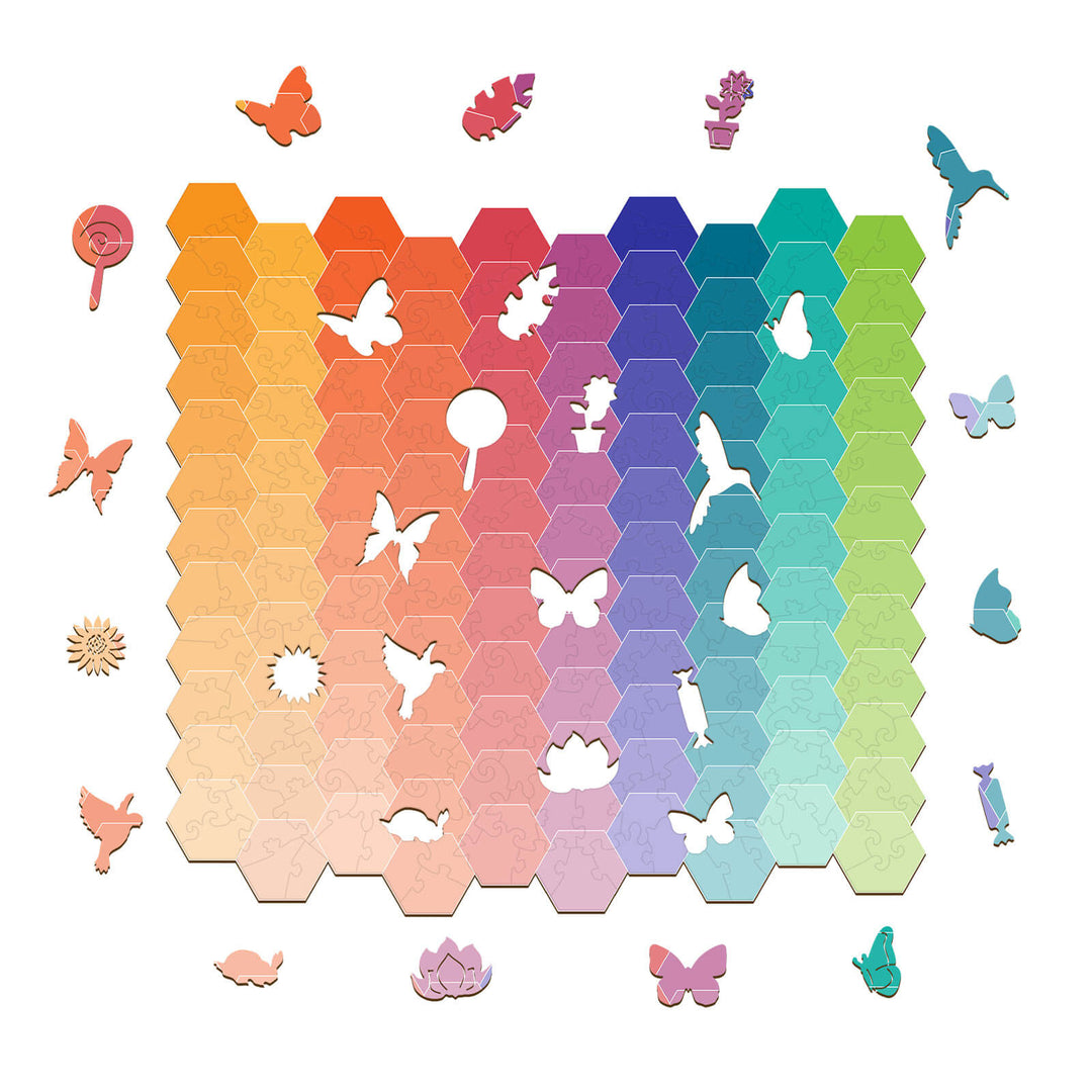 Colorful Rainbow Gradient Wooden Jigsaw Puzzle with butterfly shapes and hexagonal pieces for a fun mind game experience.