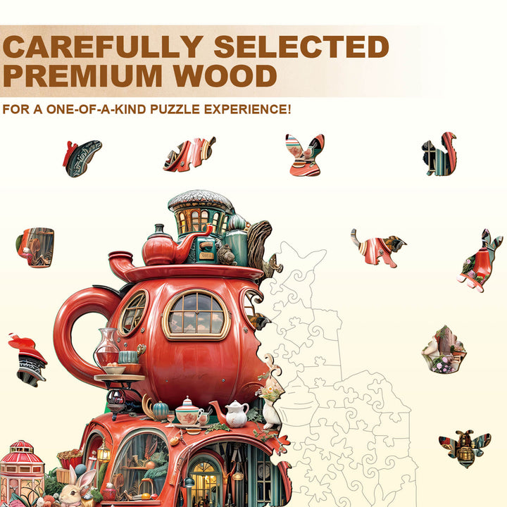 Puzzle en bois en forme de lapin flottant dans une tasse à thé