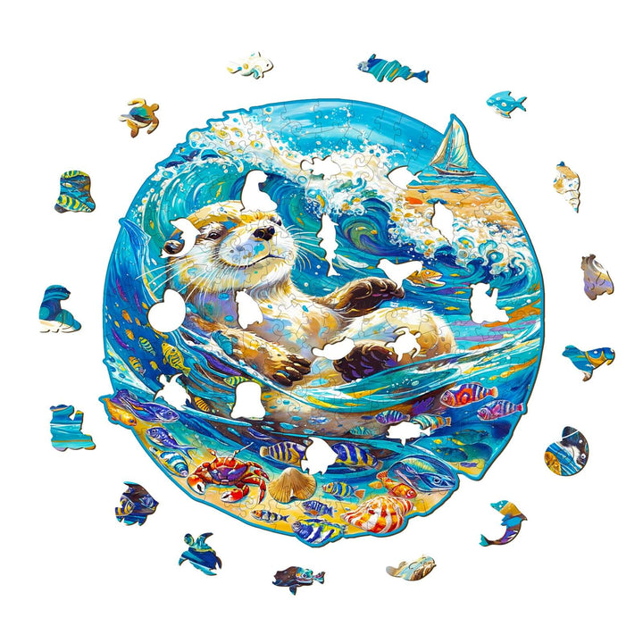 Leisurely Otter Wooden Jigsaw Puzzle featuring a cute otter swimming among colorful fish and waves.