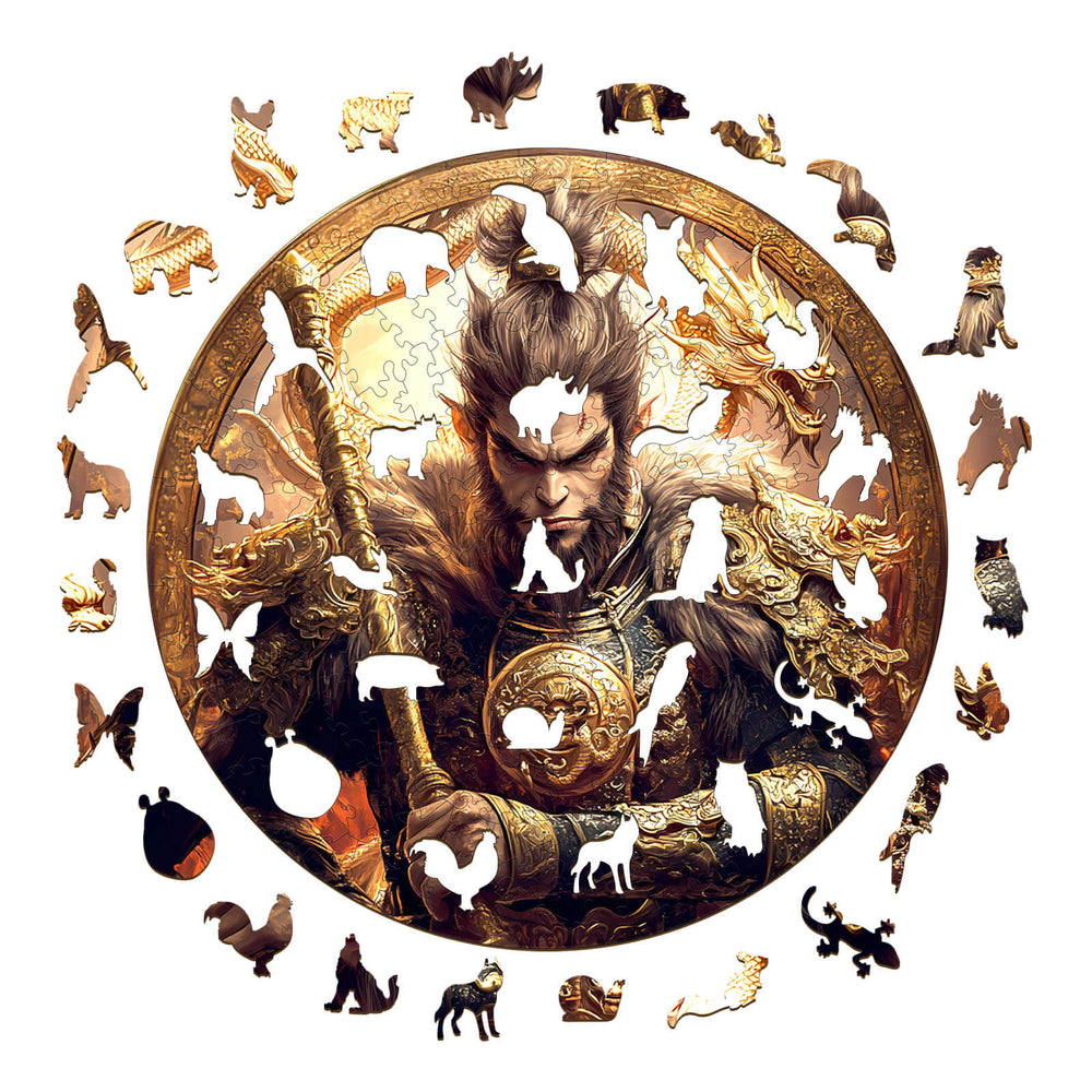 Wu Kong-2 wooden jigsaw puzzle featuring an intricately designed Monkey King surrounded by various animal puzzle pieces.